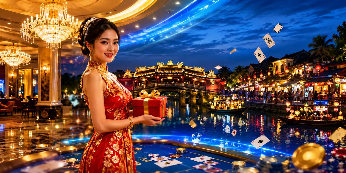 Không khí chợ đêm Hội An với màn hình trò chơi thẻ và jackpot trực tuyến